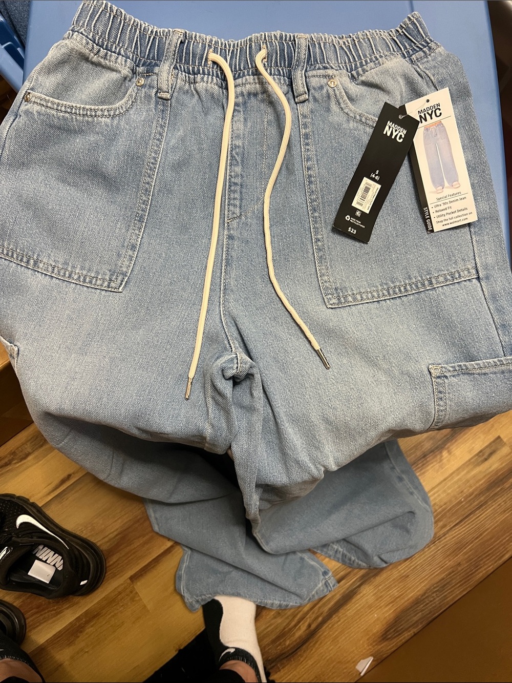 MDKN NYC Light Blue Wide Leg Denim Jeans with Drawstring Waist